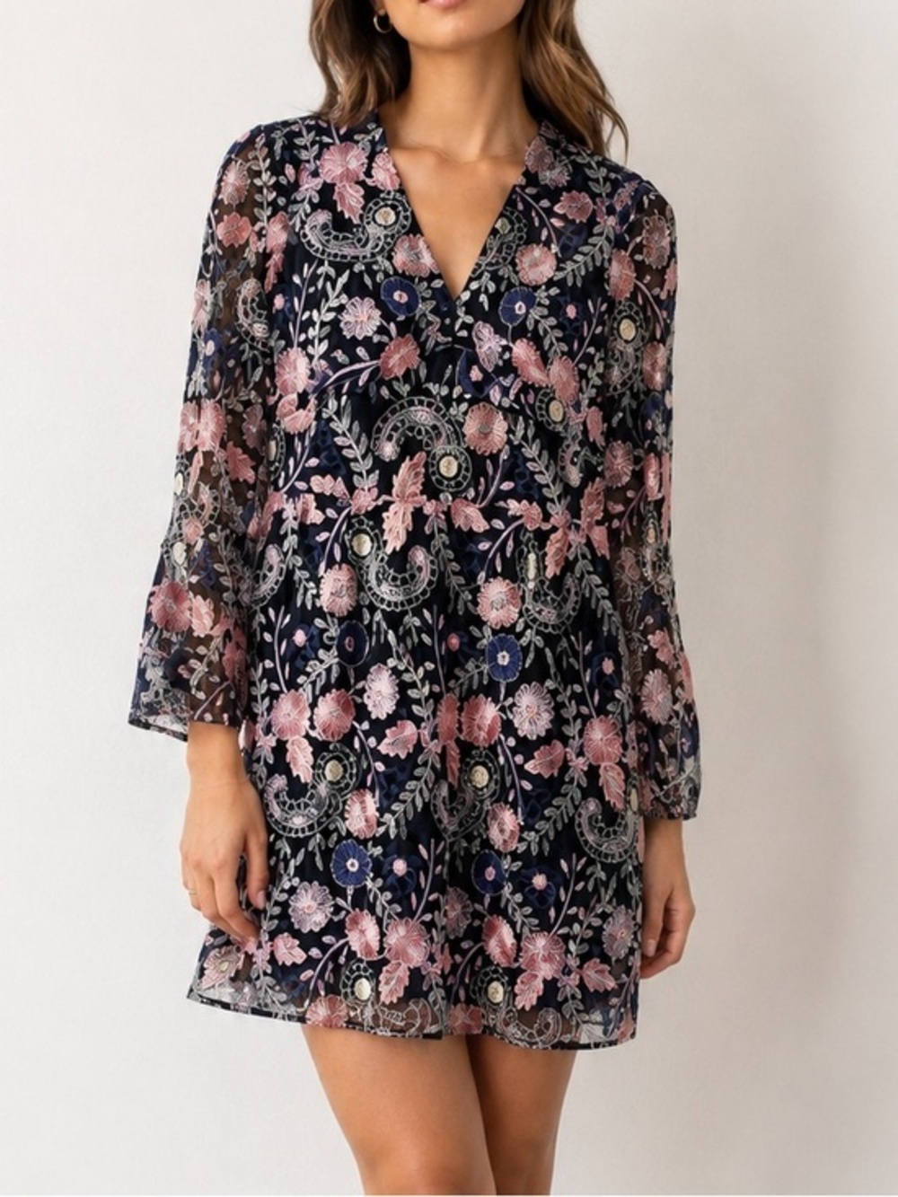 ML Monique Lhuillier x Anthro Black Pink Floral Wedding Guest Embroidered Dress